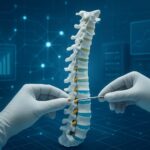A close-up of a spine model being manipulated with surgical instruments against a tech background