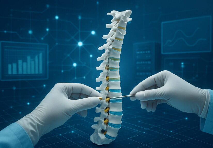 A close-up of a spine model being manipulated with surgical instruments against a tech background