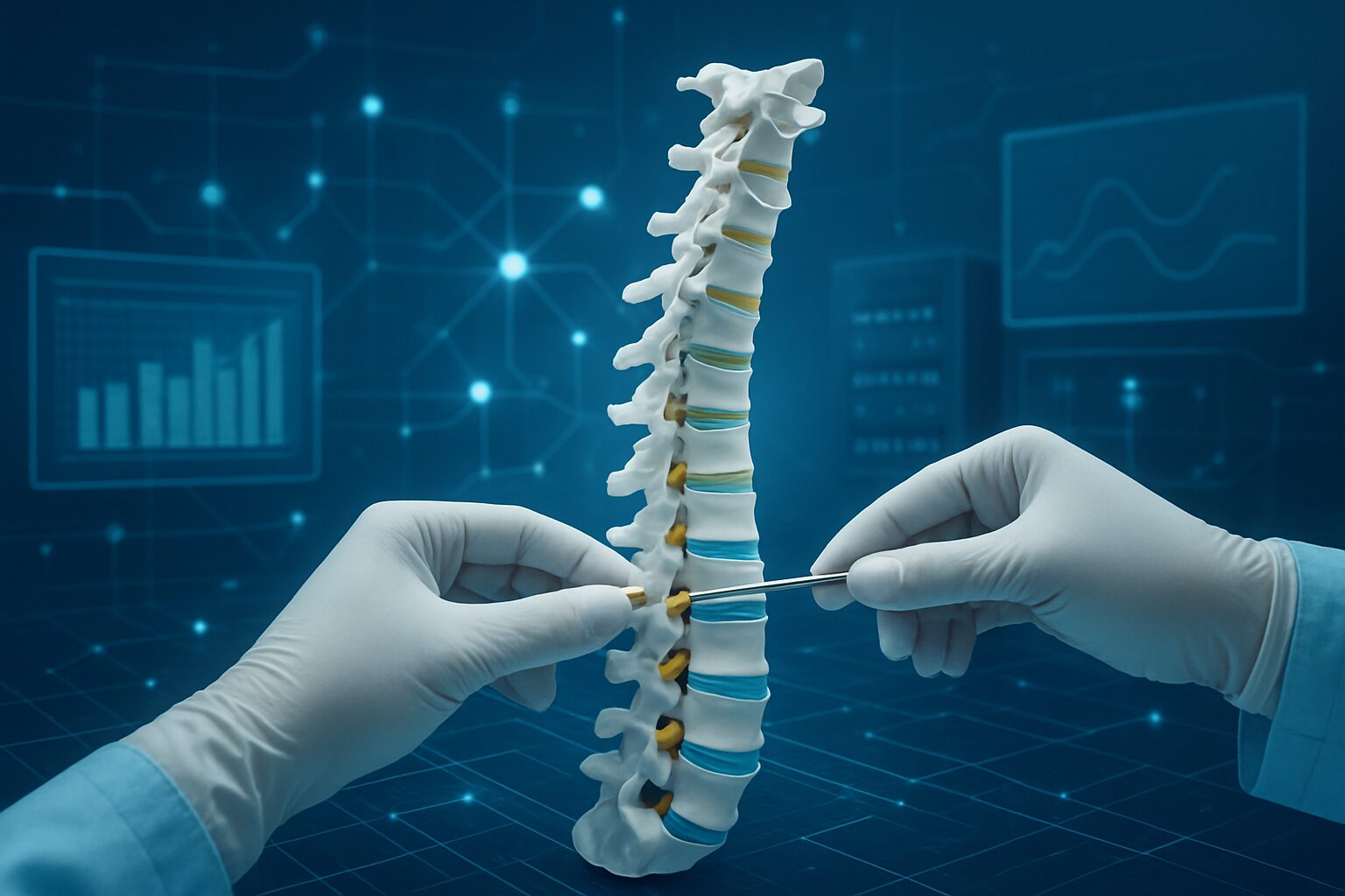 A close-up of a spine model being manipulated with surgical instruments against a tech background